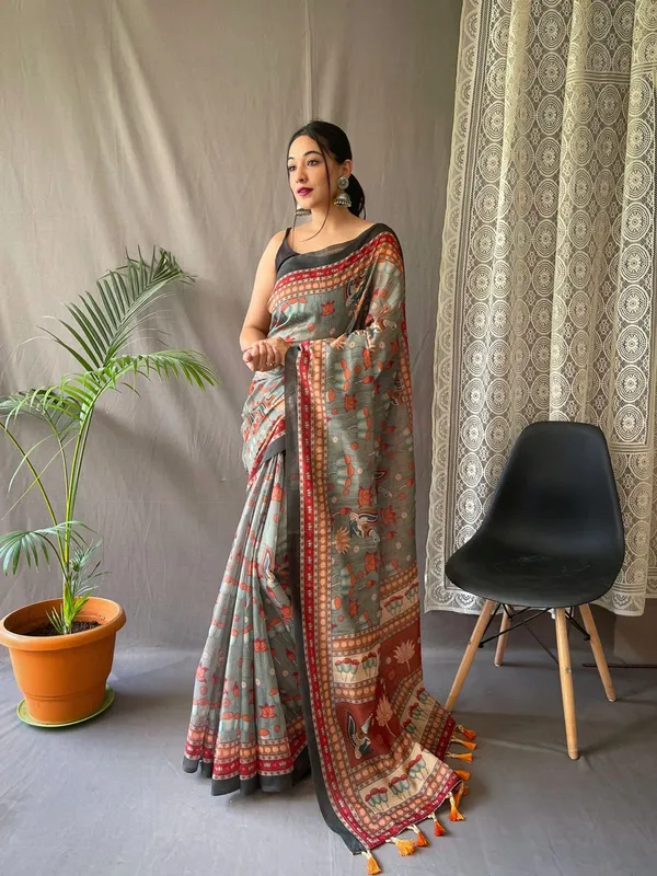 Women_S_Artistic_Terracotta_Orange_Linen_Saree_With_Kalamkari_Inspired_Print_Tassel_Detailing_Perfect_For_Casual_Festivities_Cultural_Events