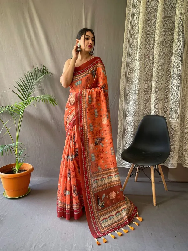 Women_S_Artistic_Terracotta_Orange_Linen_Saree_With_Kalamkari_Inspired_Print_Tassel_Detailing_Perfect_For_Casual_Festivities_Cultural_Events