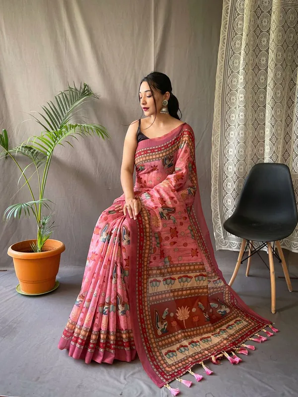 Women_S_Artistic_Terracotta_Orange_Linen_Saree_With_Kalamkari_Inspired_Print_Tassel_Detailing_Perfect_For_Casual_Festivities_Cultural_Events