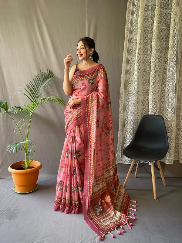 Women_S_Artistic_Terracotta_Orange_Linen_Saree_With_Kalamkari_Inspired_Print_Tassel_Detailing_Perfect_For_Casual_Festivities_Cultural_Events