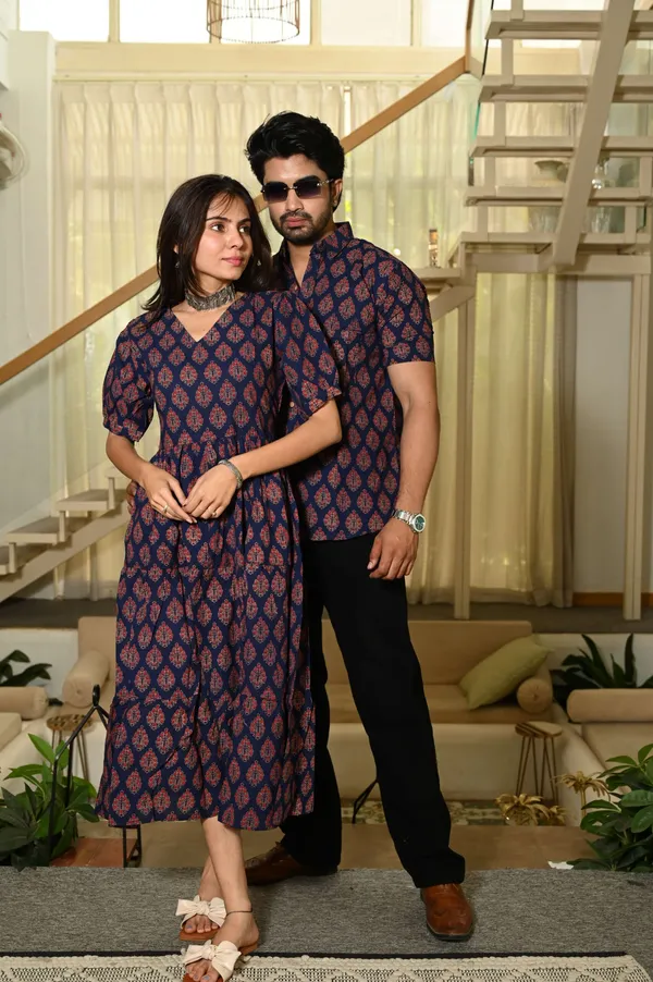 Couple_Matching_Navy_Blue_Cotton_Anarkali_Midi_Dress_And_Shirt_Set_Red_Hand_Block_Print