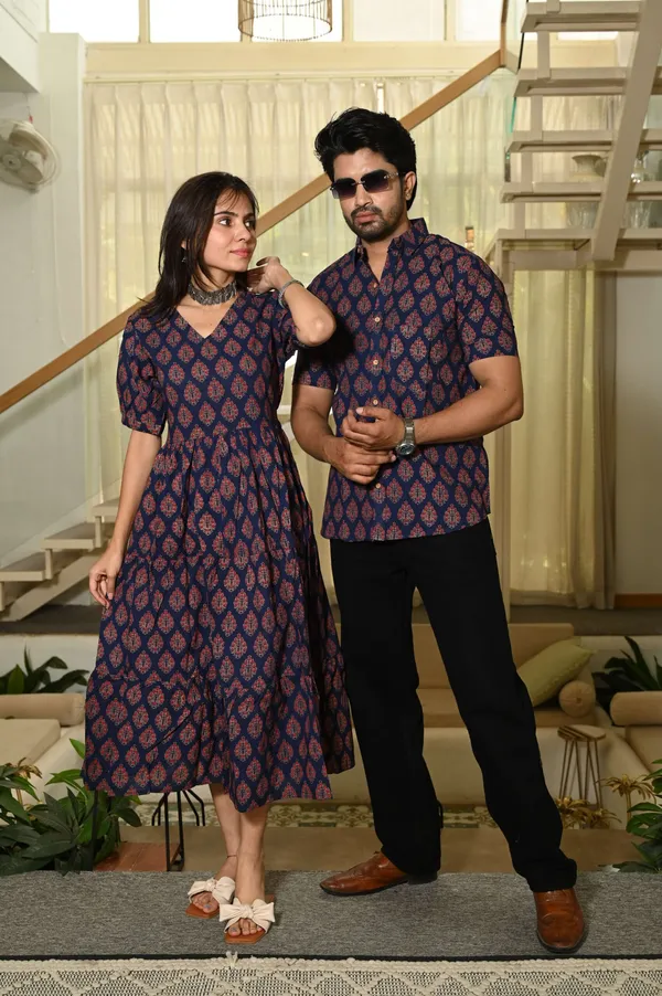 Couple_Matching_Navy_Blue_Cotton_Anarkali_Midi_Dress_And_Shirt_Set_Red_Hand_Block_Print