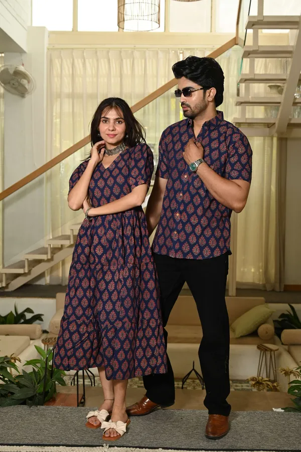Couple_Matching_Navy_Blue_Cotton_Anarkali_Midi_Dress_And_Shirt_Set_Red_Hand_Block_Print