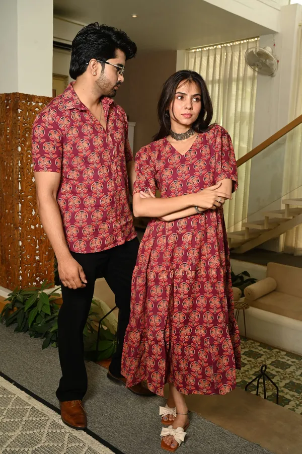 Couple_Matching_Red_Cotton_Anarkali_Midi_Dress_And_Shirt_Set_Floral_Block_Print
