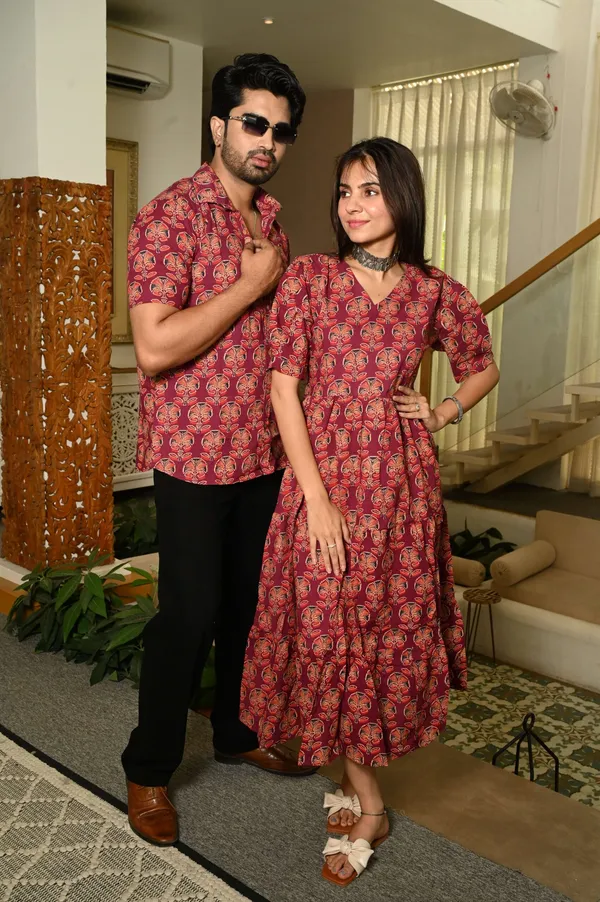 Couple_Matching_Red_Cotton_Anarkali_Midi_Dress_And_Shirt_Set_Floral_Block_Print