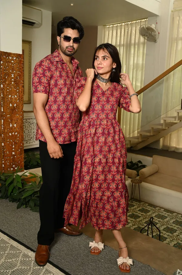 Couple_Matching_Red_Cotton_Anarkali_Midi_Dress_And_Shirt_Set_Floral_Block_Print