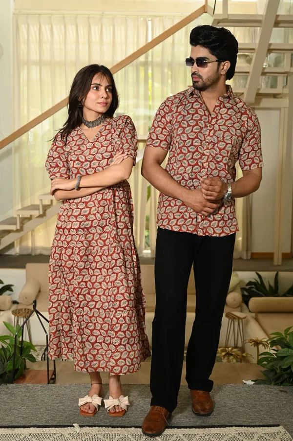 Couple_Matching_Red_Beige_Cotton_Anarkali_Midi_Dress_And_Shirt_Set_Leaf_Block_Print