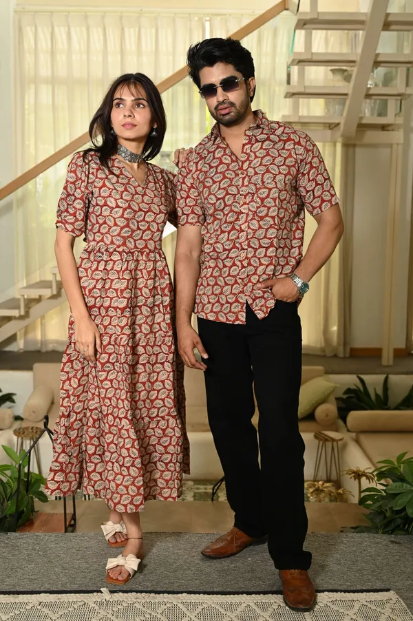 Couple_Matching_Red_Beige_Cotton_Anarkali_Midi_Dress_And_Shirt_Set_Leaf_Block_Print