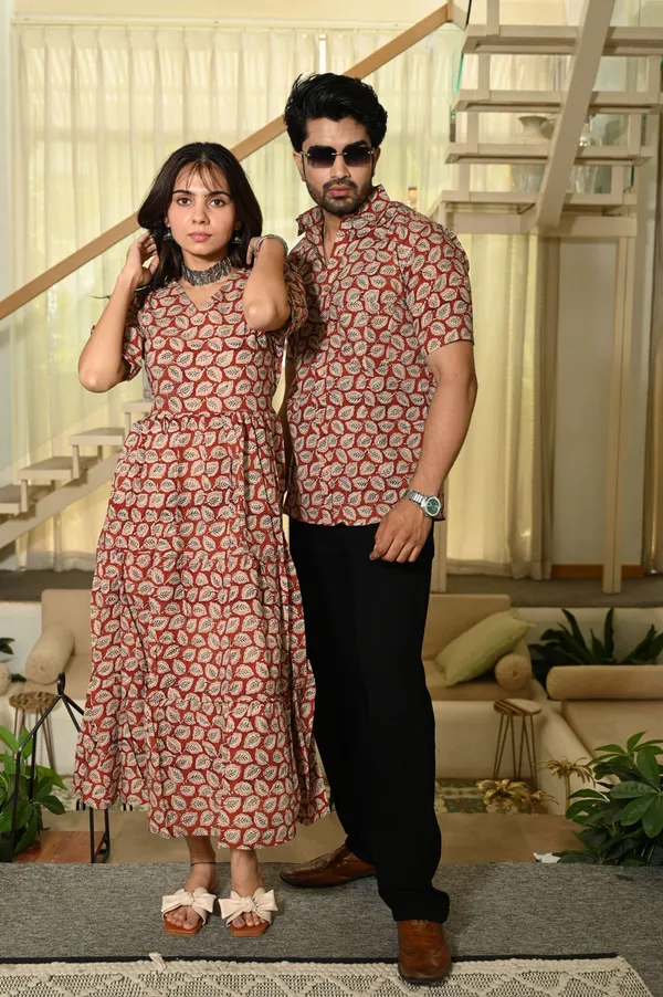 Couple_Matching_Red_Beige_Cotton_Anarkali_Midi_Dress_And_Shirt_Set_Leaf_Block_Print