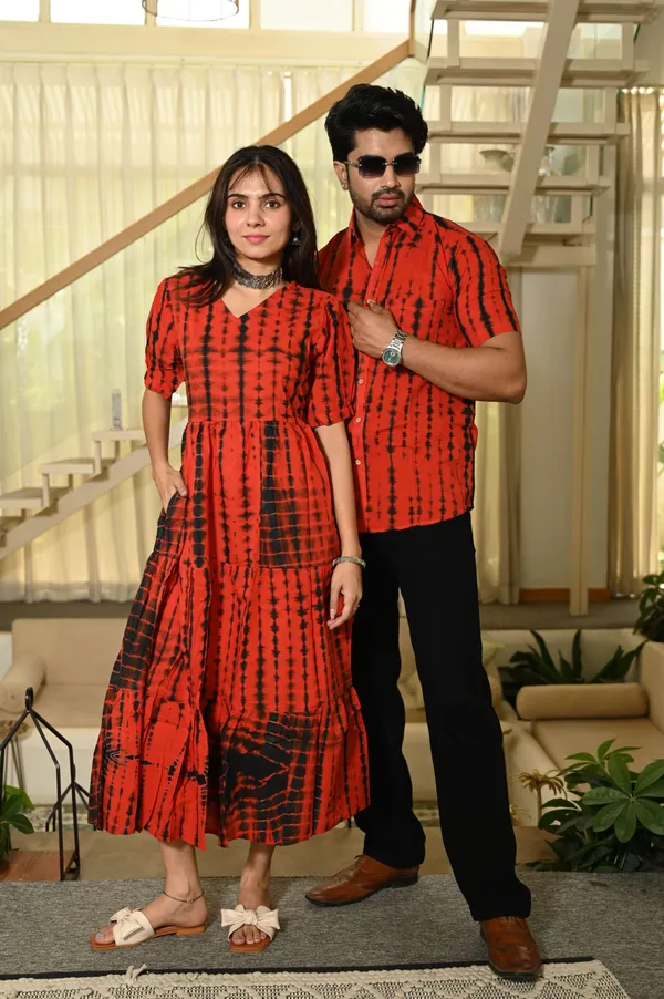 Couple_Matching_Red_Printed_Cotton_Anarkali_Midi_Dress_Shirt_Set_Summer_Casual_Wear