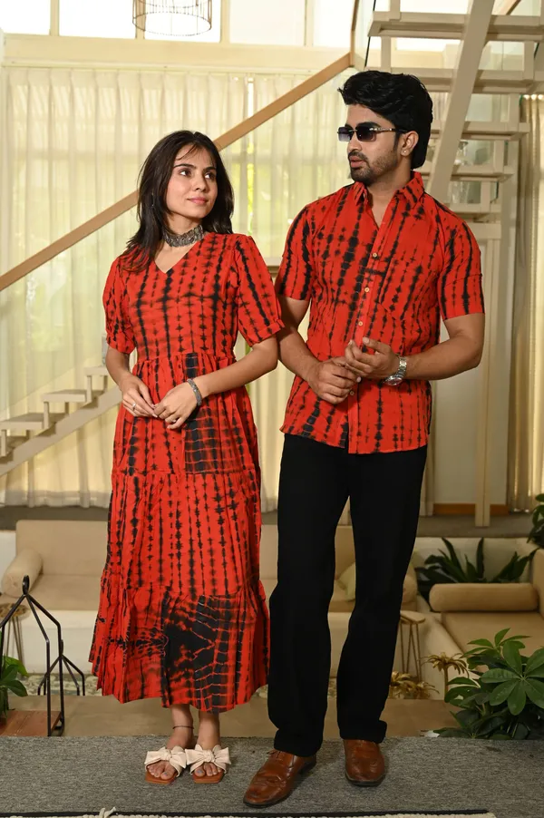 Couple_Matching_Red_Printed_Cotton_Anarkali_Midi_Dress_Shirt_Set_Summer_Casual_Wear