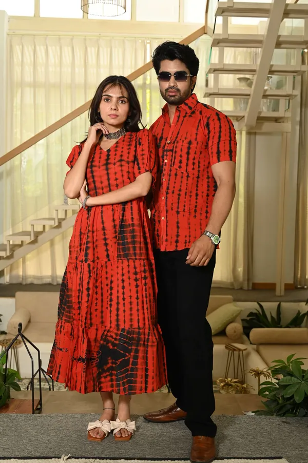 Couple_Matching_Red_Printed_Cotton_Anarkali_Midi_Dress_Shirt_Set_Summer_Casual_Wear