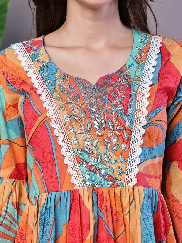 Wome_S_Vibrant_Print_Cotton_Tunic_Dress_With_Crochet_Lace_Three_Quarter_Sleeves_Midi_Dresses