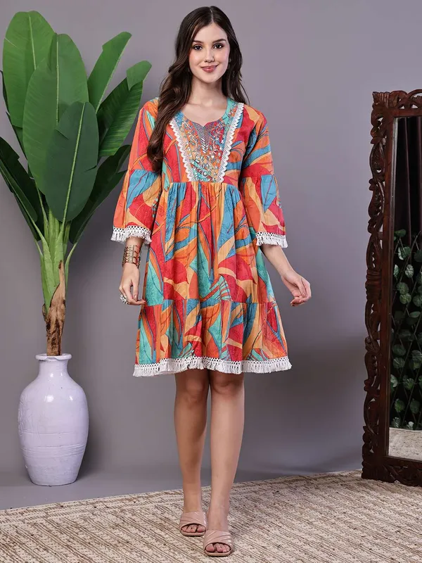 Wome_S_Vibrant_Print_Cotton_Tunic_Dress_With_Crochet_Lace_Three_Quarter_Sleeves_Midi_Dresses