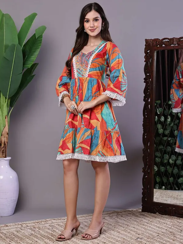 Wome_S_Vibrant_Print_Cotton_Tunic_Dress_With_Crochet_Lace_Three_Quarter_Sleeves_Midi_Dresses