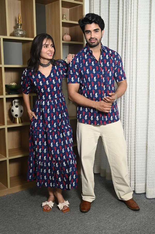 Couple_Matching_Navy_Blue_Cotton_Anarkali_Midi_Dress_And_Shirt_Set_Red_White_Abstract_Print