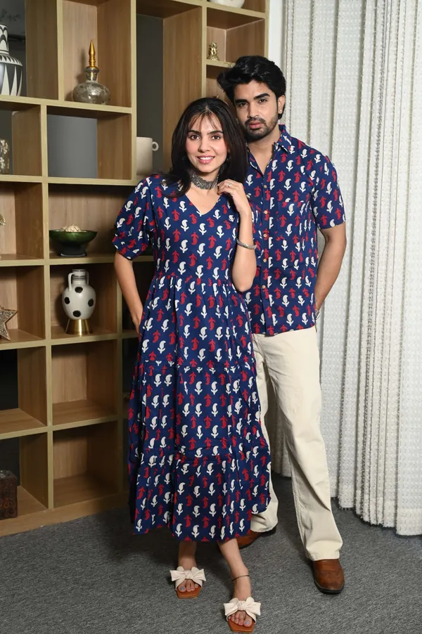 Couple_Matching_Navy_Blue_Cotton_Anarkali_Midi_Dress_And_Shirt_Set_Red_White_Abstract_Print
