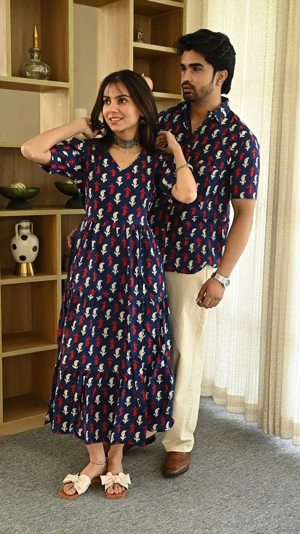 Couple_Matching_Navy_Blue_Cotton_Anarkali_Midi_Dress_And_Shirt_Set_Red_White_Abstract_Print
