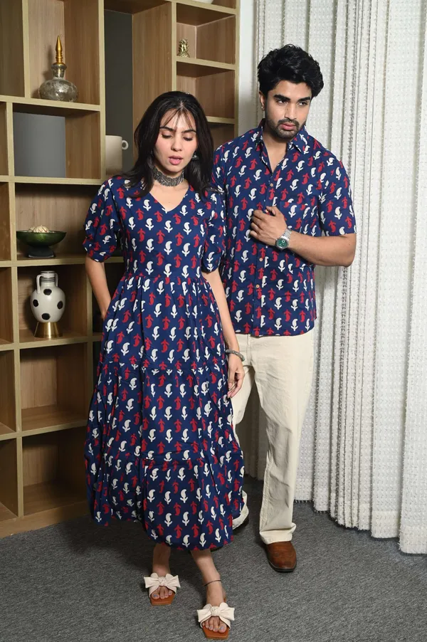 Couple_Matching_Navy_Blue_Cotton_Anarkali_Midi_Dress_And_Shirt_Set_Red_White_Abstract_Print