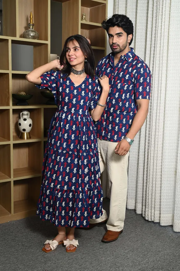 Couple_Matching_Navy_Blue_Cotton_Anarkali_Midi_Dress_And_Shirt_Set_Red_White_Abstract_Print