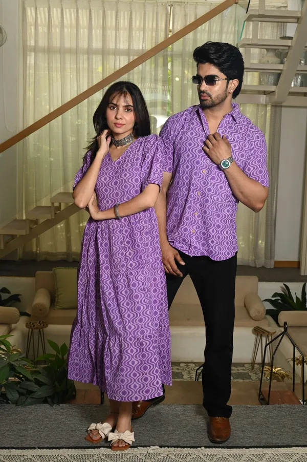 Couple_Matching_Purple_Cotton_Anarkali_Midi_Dress_And_Shirt_Set_Geometric_Wave_Print