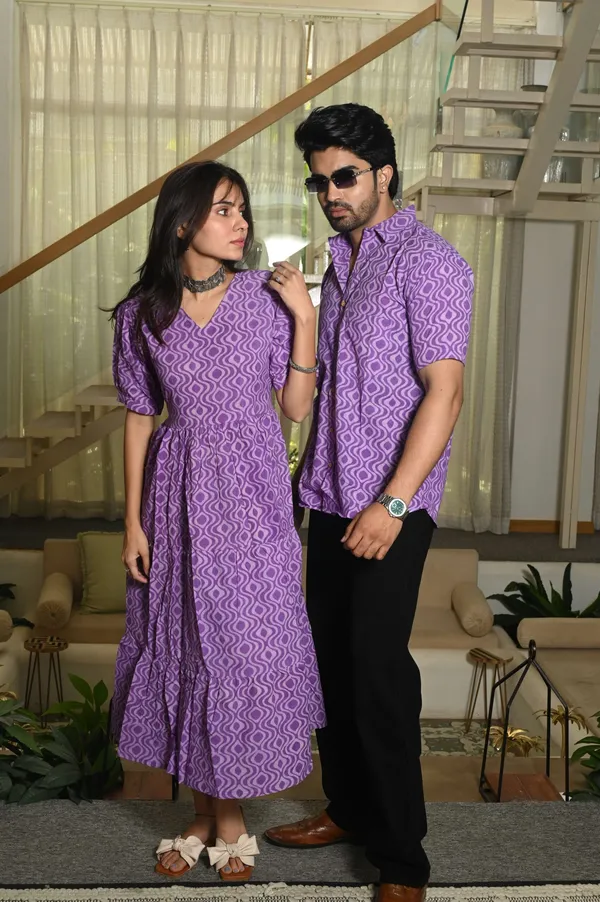 Couple_Matching_Purple_Cotton_Anarkali_Midi_Dress_And_Shirt_Set_Geometric_Wave_Print