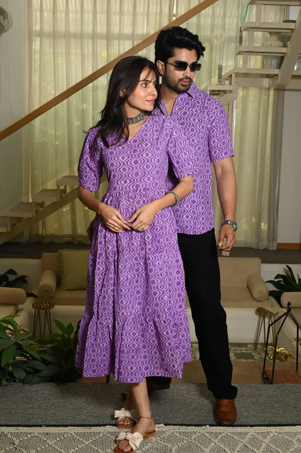 Couple_Matching_Purple_Cotton_Anarkali_Midi_Dress_And_Shirt_Set_Geometric_Wave_Print