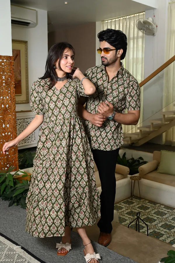 Couple_Matching_Green_Cotton_Anarkali_Midi_Dress_And_Shirt_Set_Ethnic_Motif_Print