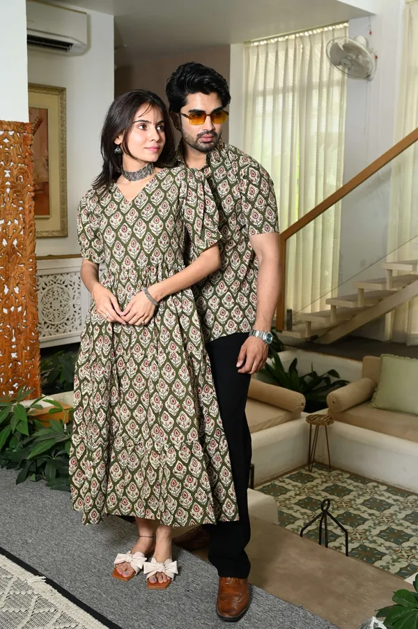 Couple_Matching_Green_Cotton_Anarkali_Midi_Dress_And_Shirt_Set_Ethnic_Motif_Print