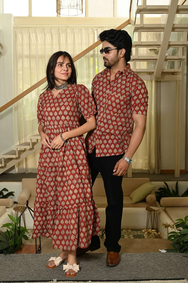 Couple_Matching_Red_Cotton_Anarkali_Midi_Dress_And_Shirt_Set_Gold_Leaf_Block_Print