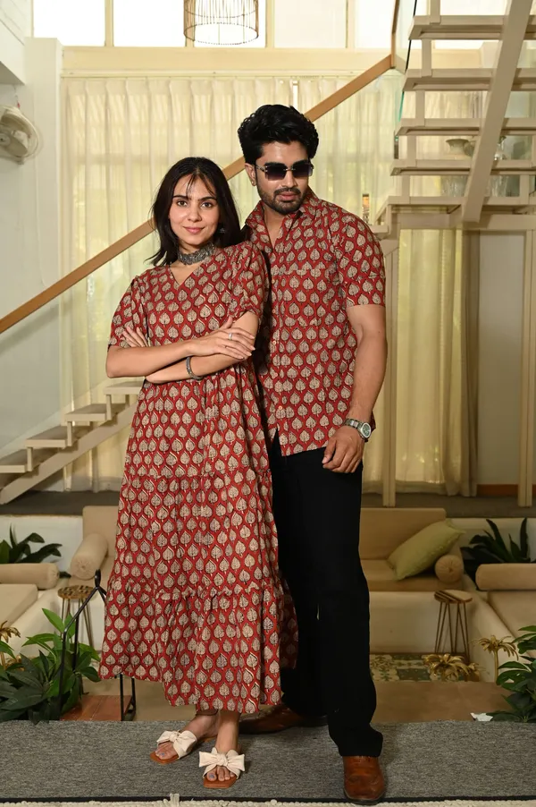Couple_Matching_Red_Cotton_Anarkali_Midi_Dress_And_Shirt_Set_Gold_Leaf_Block_Print