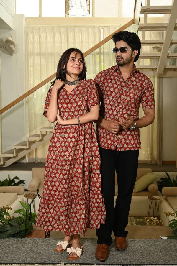 Couple_Matching_Red_Cotton_Anarkali_Midi_Dress_And_Shirt_Set_Gold_Leaf_Block_Print