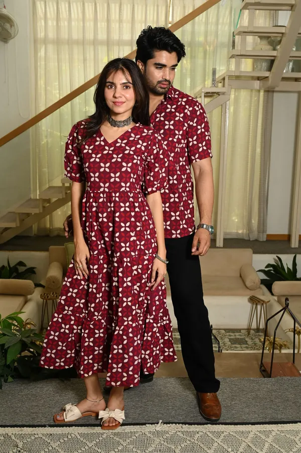 Couple_Matching_Maroon_Cotton_Anarkali_Midi_Dress_And_Shirt_Set_White_Floral_Print