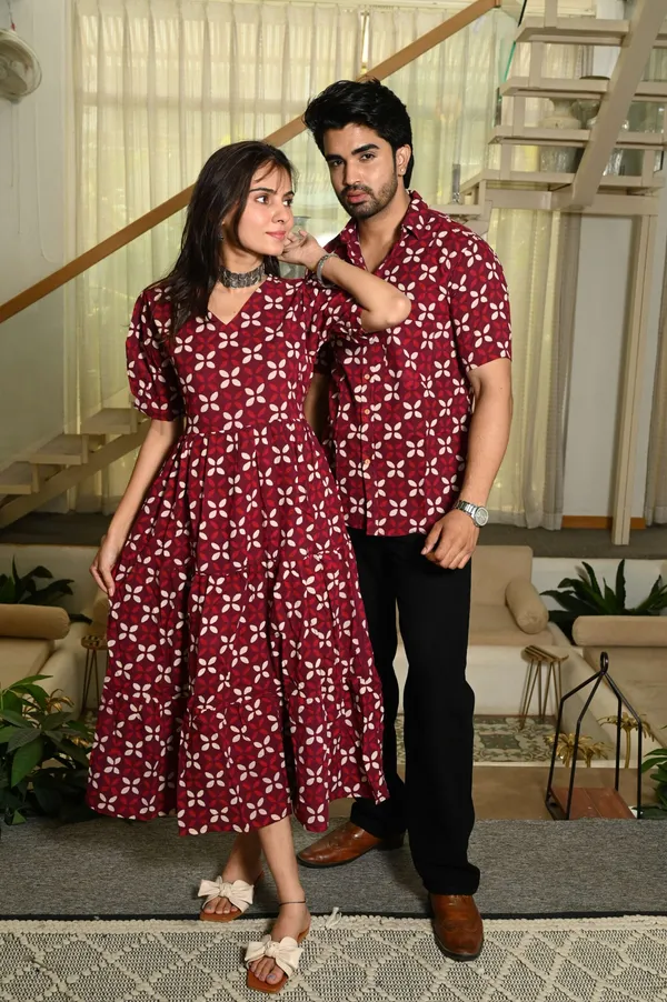 Couple_Matching_Maroon_Cotton_Anarkali_Midi_Dress_And_Shirt_Set_White_Floral_Print