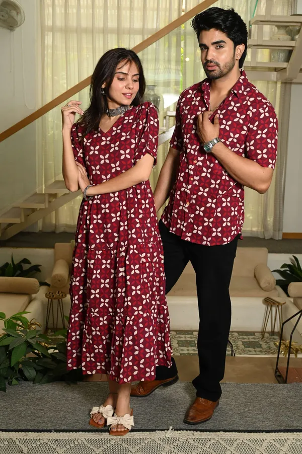 Couple_Matching_Maroon_Cotton_Anarkali_Midi_Dress_And_Shirt_Set_White_Floral_Print