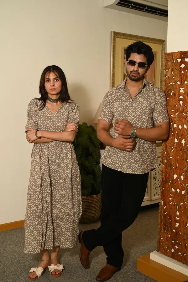 Couple_Matching_Beige_Cotton_Anarkali_Midi_Dress_And_Shirt_Set_Swirl_Block_Print