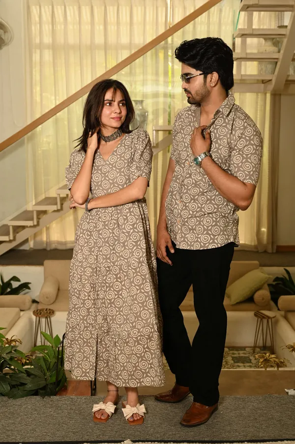 Couple_Matching_Beige_Cotton_Anarkali_Midi_Dress_And_Shirt_Set_Swirl_Block_Print