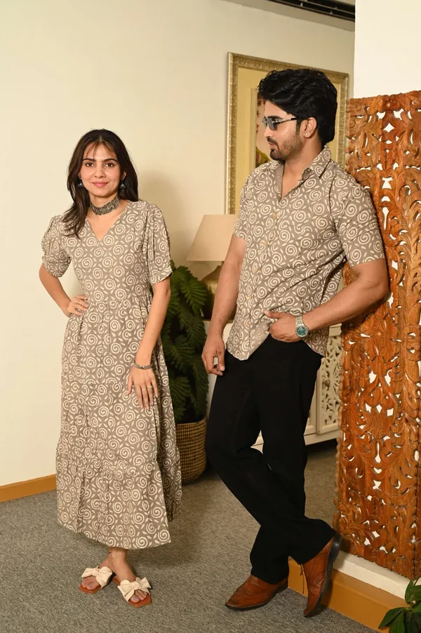 Couple_Matching_Beige_Cotton_Anarkali_Midi_Dress_And_Shirt_Set_Swirl_Block_Print
