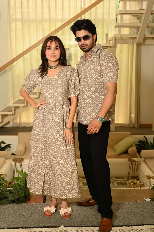 Couple_Matching_Beige_Cotton_Anarkali_Midi_Dress_And_Shirt_Set_Swirl_Block_Print