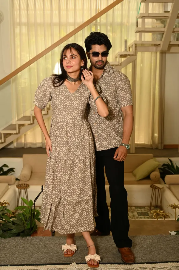 Couple_Matching_Beige_Cotton_Anarkali_Midi_Dress_And_Shirt_Set_Swirl_Block_Print