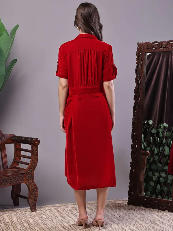 Women_S_Red_Velvet_Solid_Printed_Shirt_Midi_Dress_With_Belt