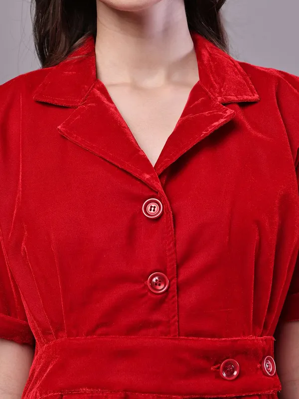 Women_S_Red_Velvet_Solid_Printed_Shirt_Midi_Dress_With_Belt