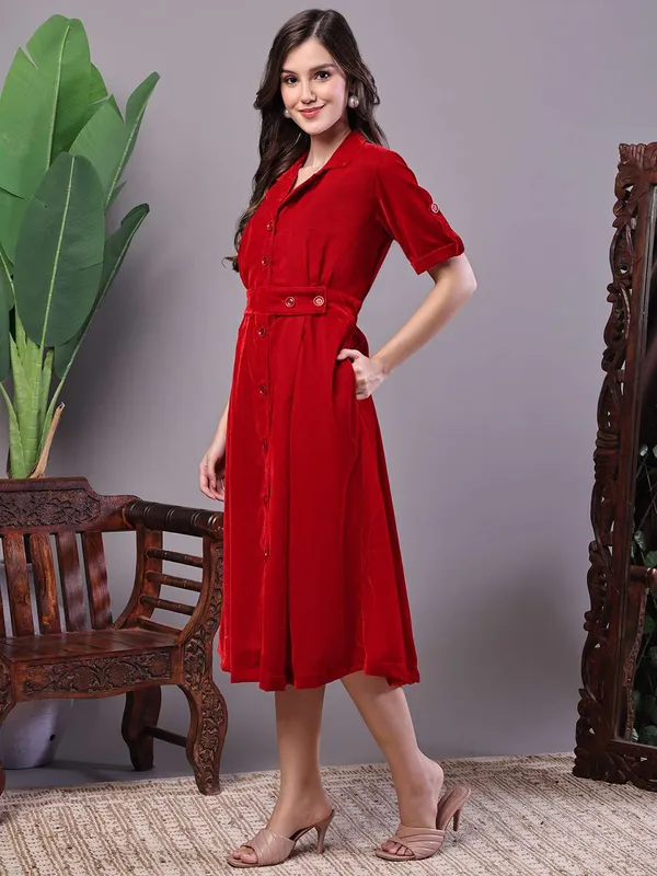 Women_S_Red_Velvet_Solid_Printed_Shirt_Midi_Dress_With_Belt