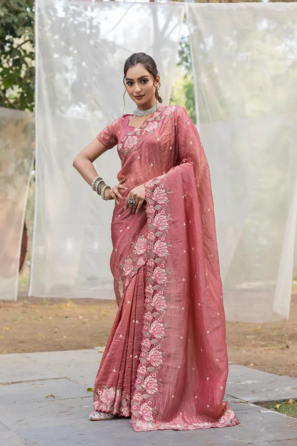 Women_S_Pristine_White_Organza_Saree_With_Exquisite_Pink_Green_Floral_Thread_Embroidery_Complete_With_Matching_Embroidered_Blouse_For_Festive_Summer_Wear