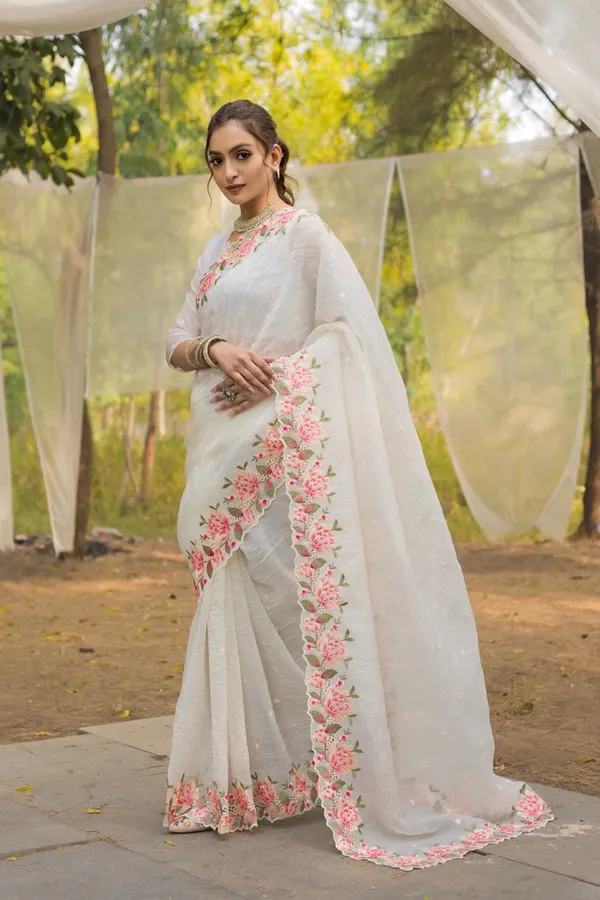 Women_S_Pristine_White_Organza_Saree_With_Exquisite_Pink_Green_Floral_Thread_Embroidery_Complete_With_Matching_Embroidered_Blouse_For_Festive_Summer_Wear