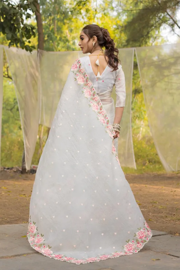Women_S_Pristine_White_Organza_Saree_With_Exquisite_Pink_Green_Floral_Thread_Embroidery_Complete_With_Matching_Embroidered_Blouse_For_Festive_Summer_Wear