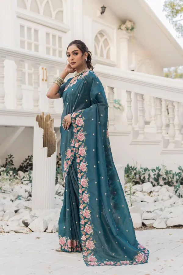 Women_S_Pristine_White_Organza_Saree_With_Exquisite_Pink_Green_Floral_Thread_Embroidery_Complete_With_Matching_Embroidered_Blouse_For_Festive_Summer_Wear