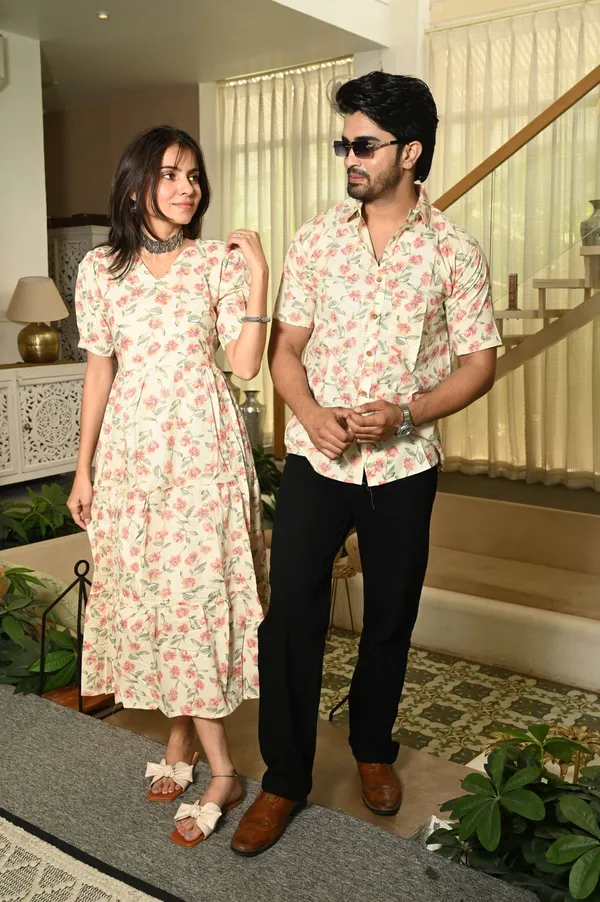 Couple_Matching_Cream_Floral_Cotton_Printed_Anarkali_Midi_Dress_Shirt_Set_Casual_Festive_Wear