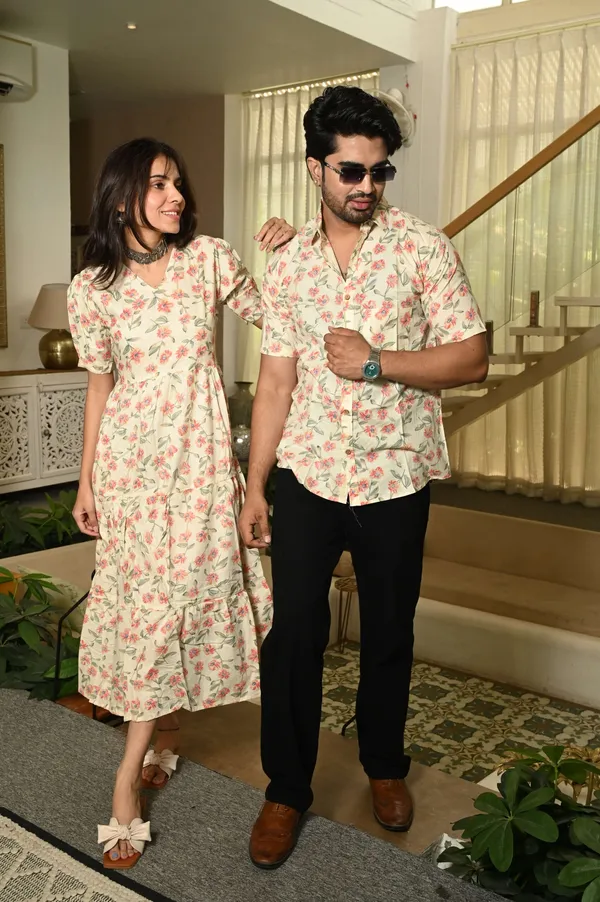 Couple_Matching_Cream_Floral_Cotton_Printed_Anarkali_Midi_Dress_Shirt_Set_Casual_Festive_Wear