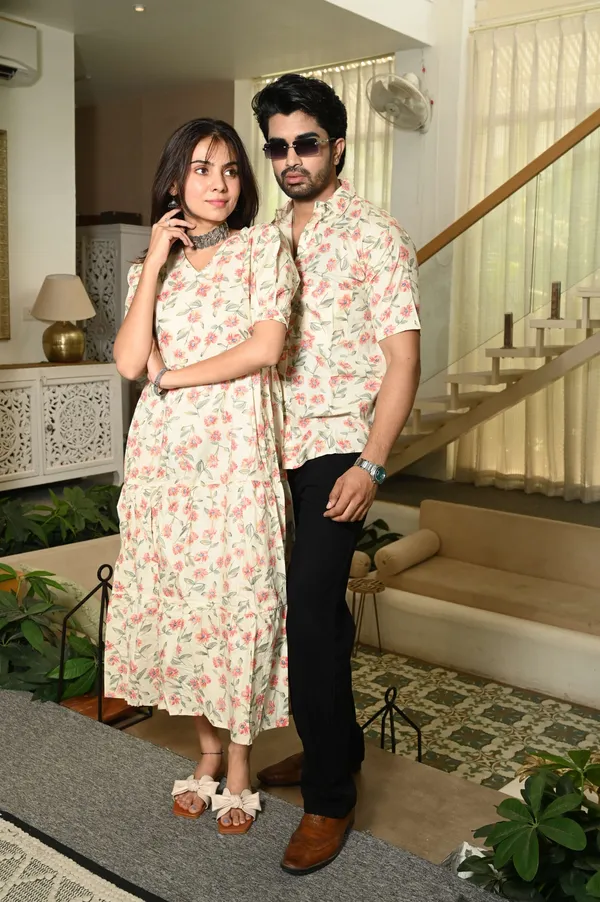 Couple_Matching_Cream_Floral_Cotton_Printed_Anarkali_Midi_Dress_Shirt_Set_Casual_Festive_Wear